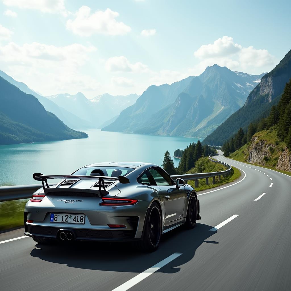 Voiture de sport sur la route panoramique avec vue sur les montagnes et le lac Alpsee