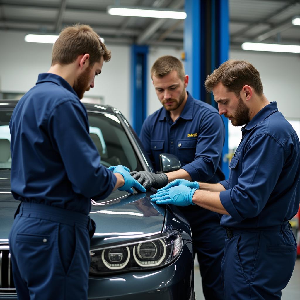 Ein Team von Automechanikern arbeitet in einer Werkstatt an einem Fahrzeug.