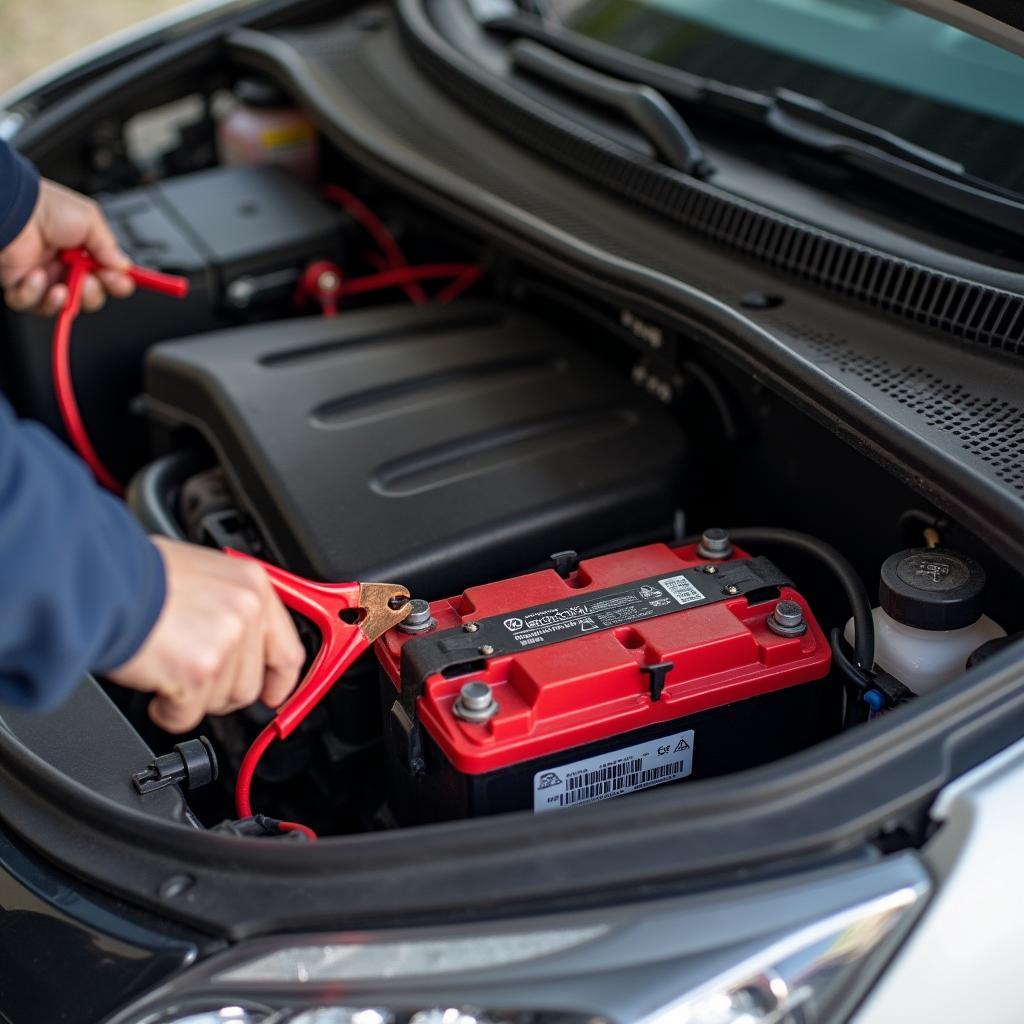 Starthilfe mit Kabeln für Autobatterie im Winter