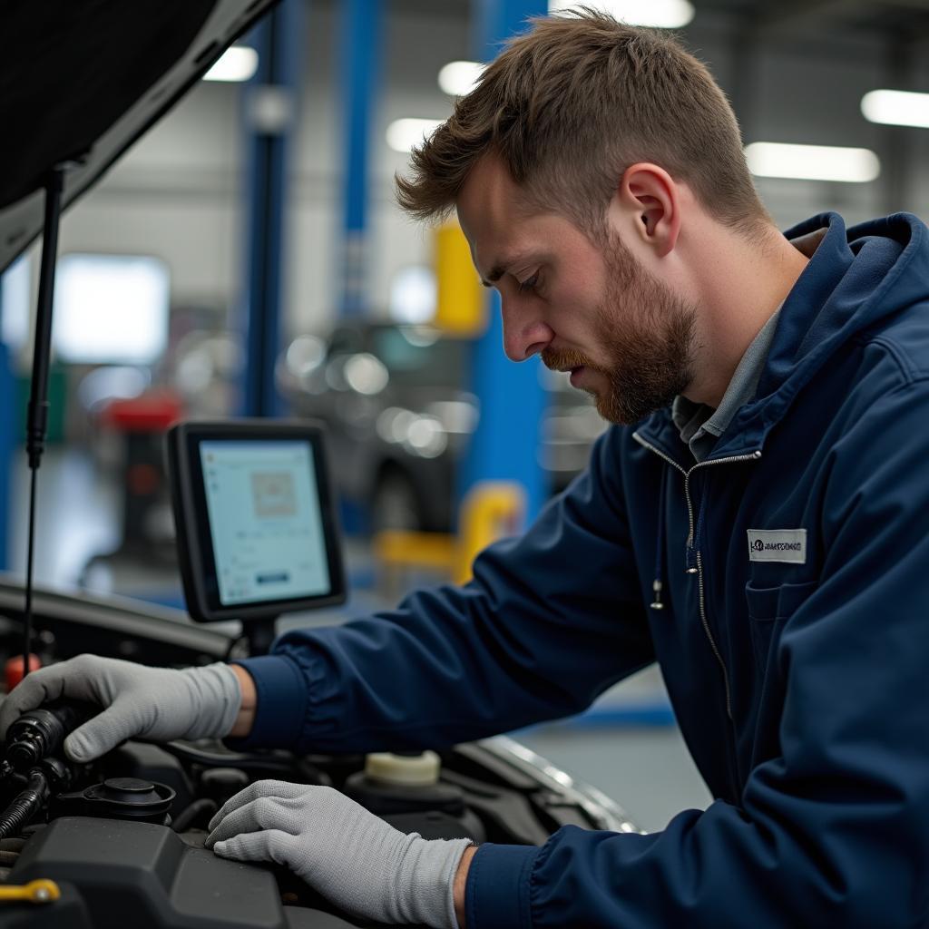 Car mechanic repairing a car in a workshop