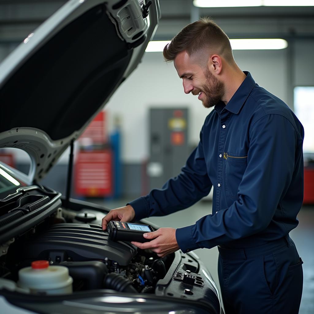 Mechaniker repariert Motor in Werkstatt