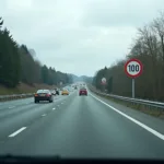 Verkehr fließt auf der Autobahn unter der 100 km/h Geschwindigkeitsbegrenzung