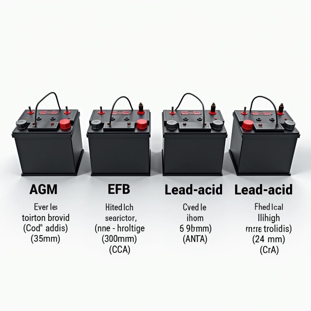 Autobatterie Typen Vergleich: Verschiedene Autobatterien nebeneinander, beschriftet mit Typ und Eigenschaften.