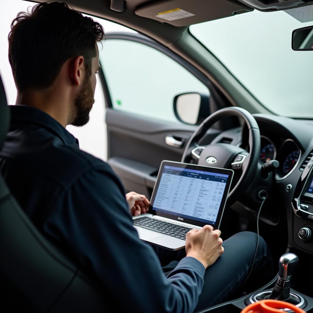 Automechaniker mit Laptop bei der Diagnose