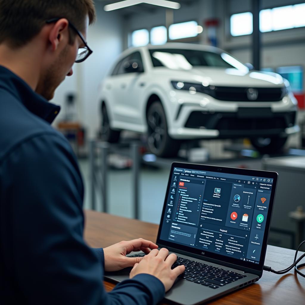 Automechaniker nutzt Laptop mit stabilem WLAN in der Werkstatt.