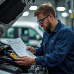 Automechaniker lernt neue Technologie im Zusammenhang mit "Dew Gaspreis".