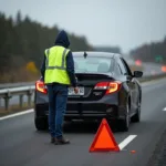 Autofahrer mit Warnweste sichert Pannenfahrzeug auf der Autobahn ab.