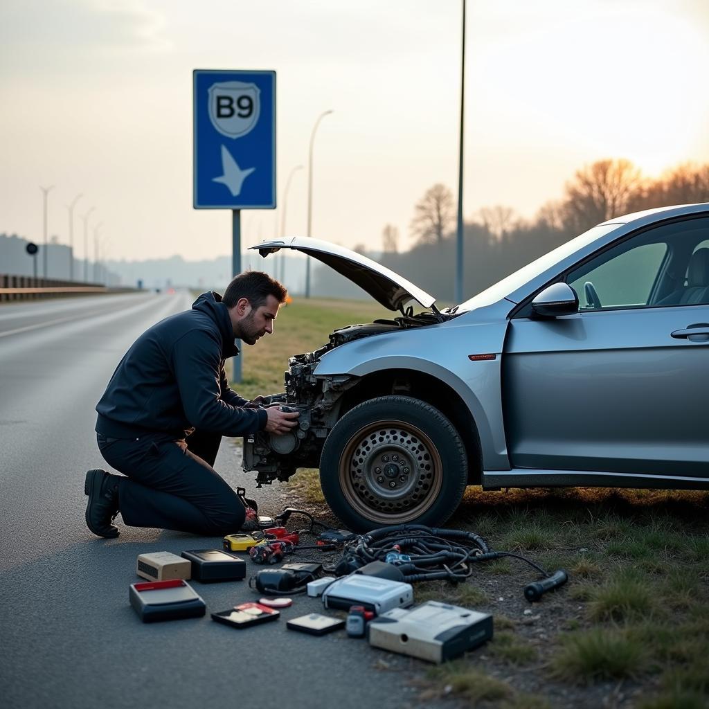 Autoreparatur auf der B9 bei Speyer