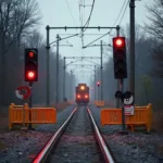 Rotes Blinklicht und Schranken am Bahnübergang mit herannahendem Zug