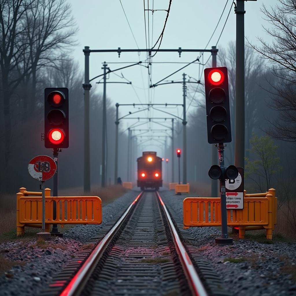 Rotes Blinklicht und Schranken am Bahnübergang mit herannahendem Zug