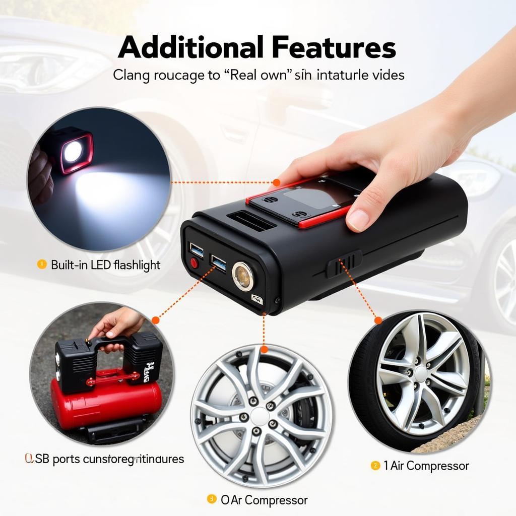 Car battery jump starter with features: LED light, USB ports, and air compressor