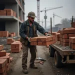 Bauhelfer beim Be- und Entladen von Baumaterialien auf einer Berliner Baustelle