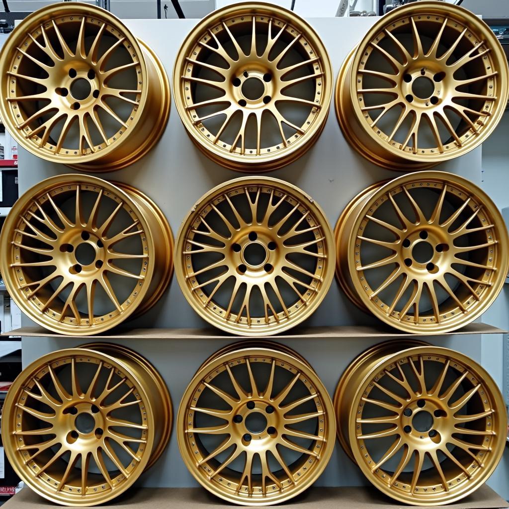 Verschiedene Goldtöne auf BBS-Felgen: Ein Beispiel für die Vielfalt der verfügbaren Goldfarben und Finishes für BBS-Felgen. Die Auswahl des richtigen Goldtons ist entscheidend für die Gesamtästhetik des Fahrzeugs.