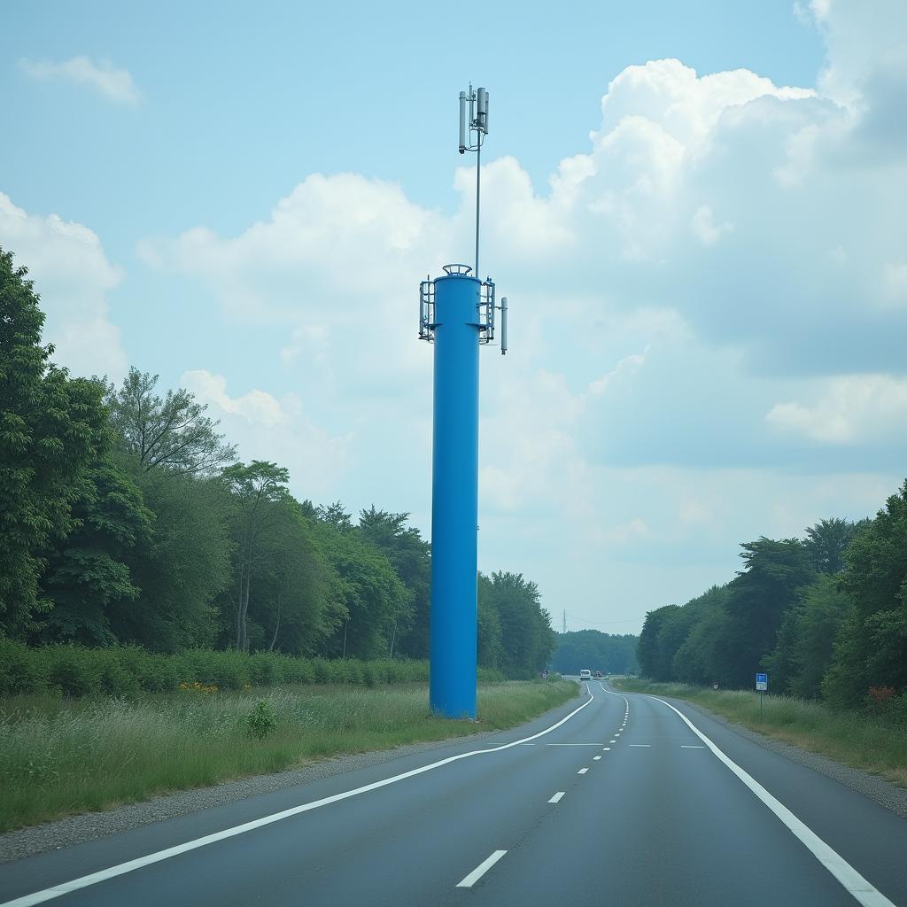 Blaue Kommunikationssäule am Strassenrand für Datenübertragung im Verkehrsmanagement