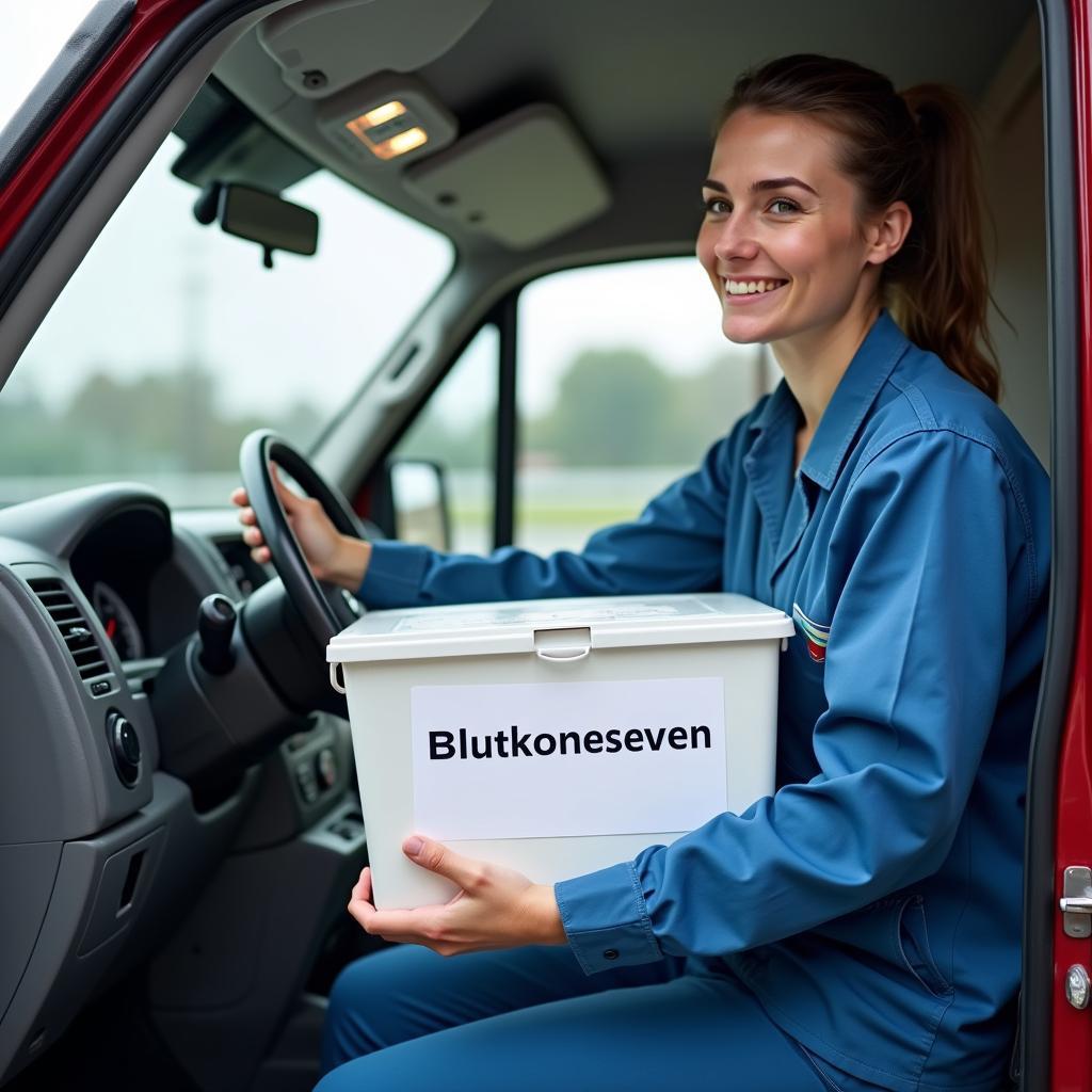 Blutkonserven Fahrer transportiert Kühlbox mit Blutkonserven