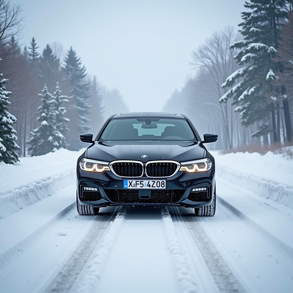 BMW F20 mit Winterreifen auf schneebedeckter Straße