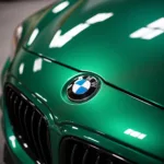 Nahaufnahme der Grün Neu Lackierung eines BMWs, die die Tiefe und den Glanz der Farbe zeigt.