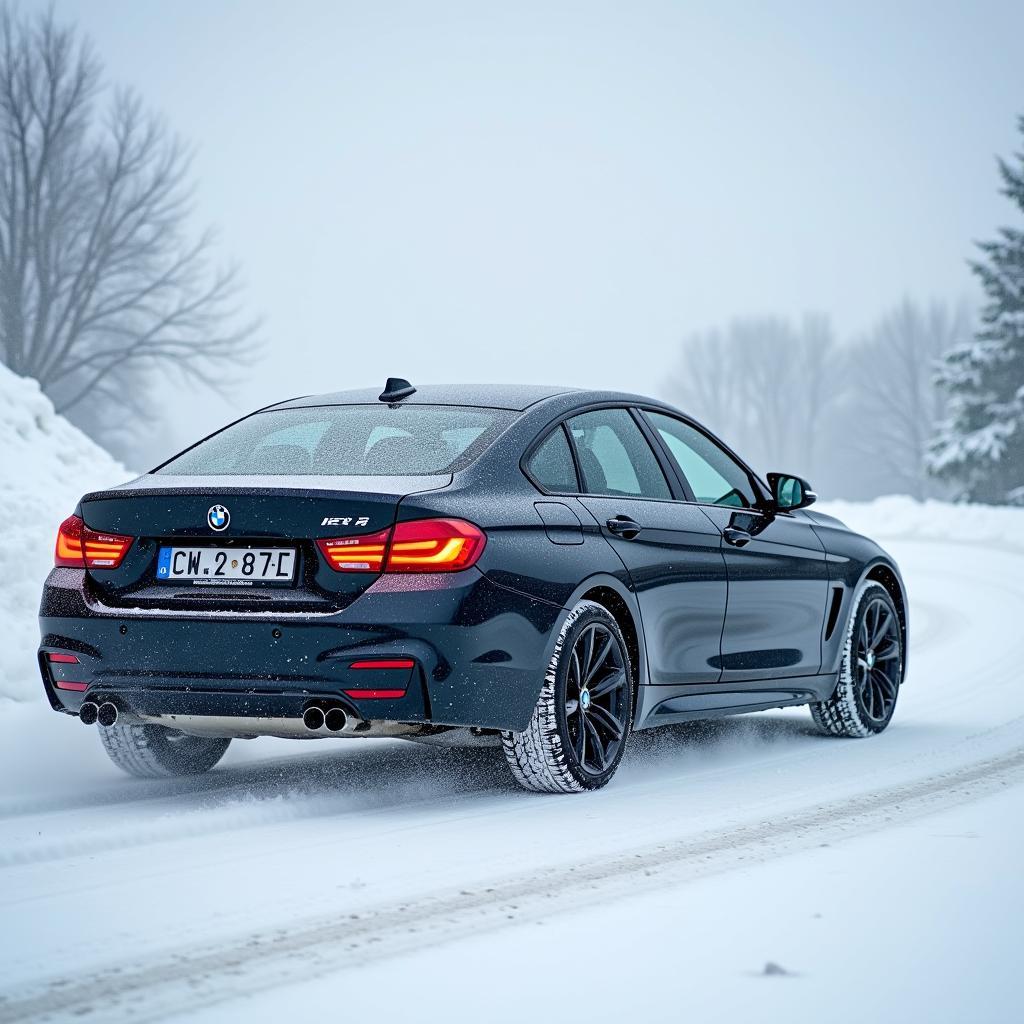 BMW i4 mit Winterreifen auf verschneiter Straße