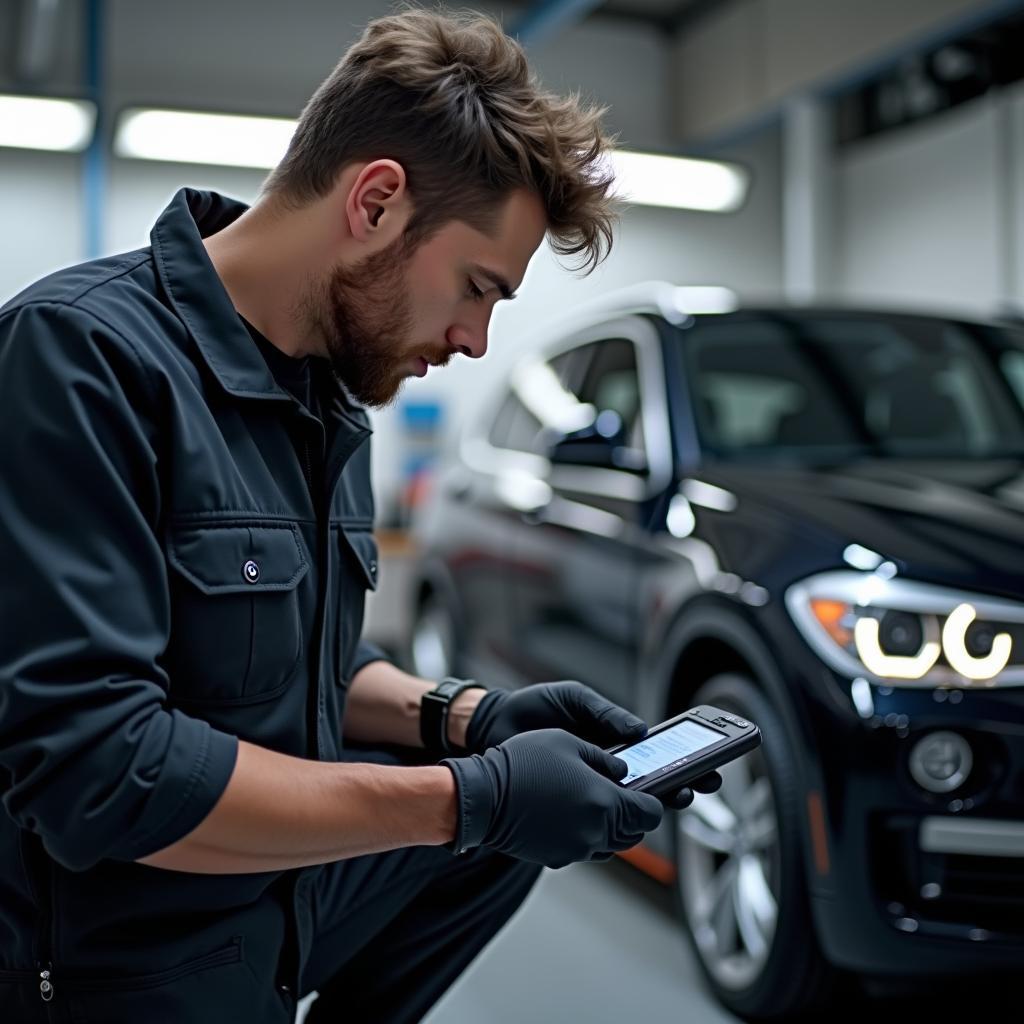 BMW Mechaniker in der Werkstatt führt eine Diagnose mit COMDE durch