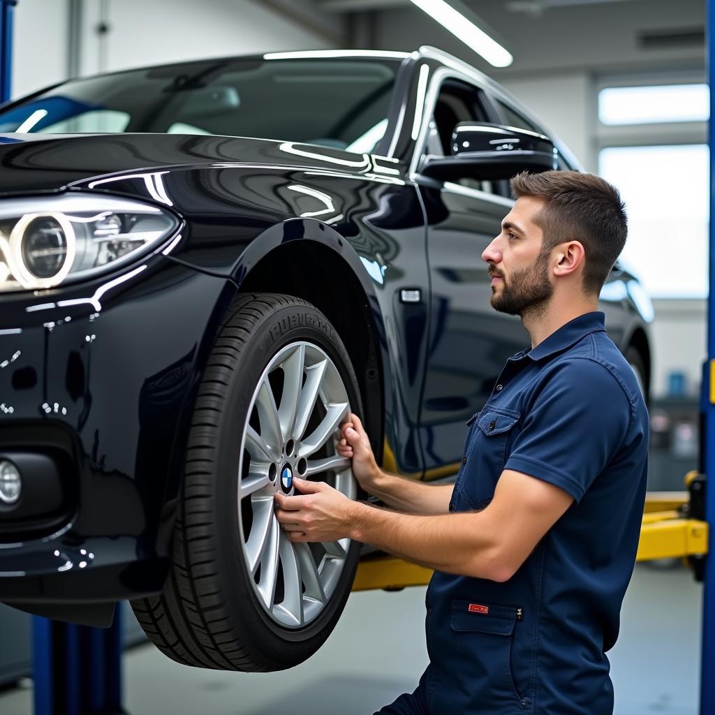 Reifenwechsel an einem BMW auf der Hebebühne in der Werkstatt