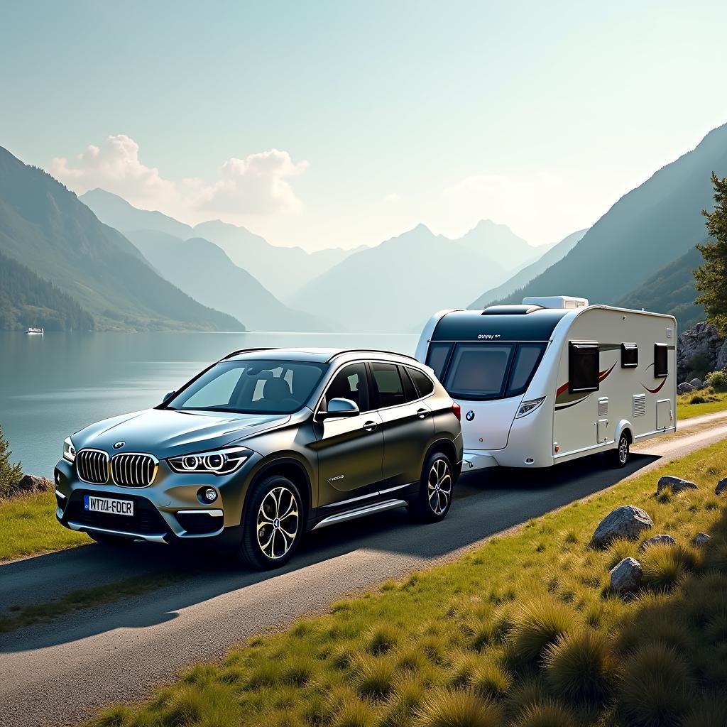 BMW X1 xDrive20d zieht Wohnwagen im Urlaub