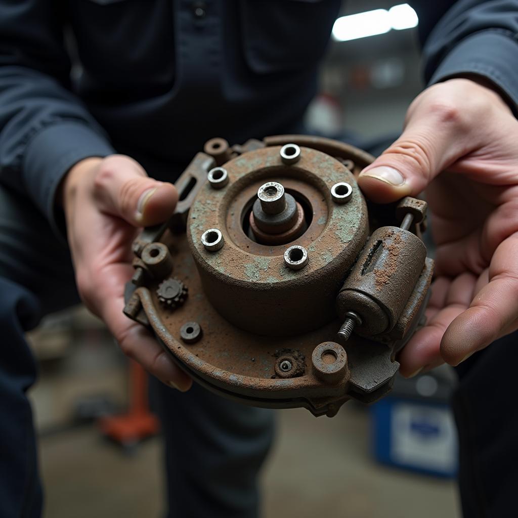 Mechanic repairing rusted brakes in a workshop