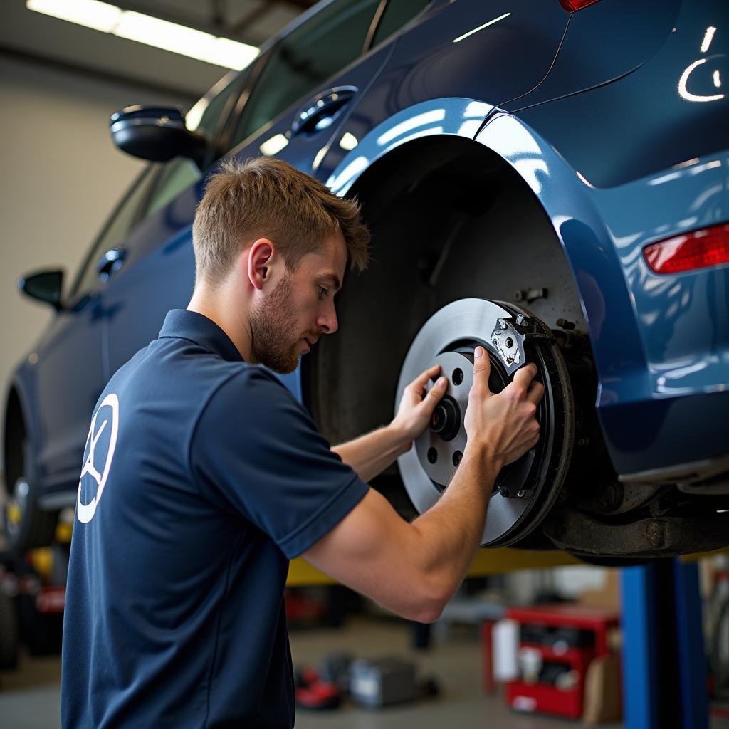 Werkstattmitarbeiter wechselt Bremsscheiben Golf 6