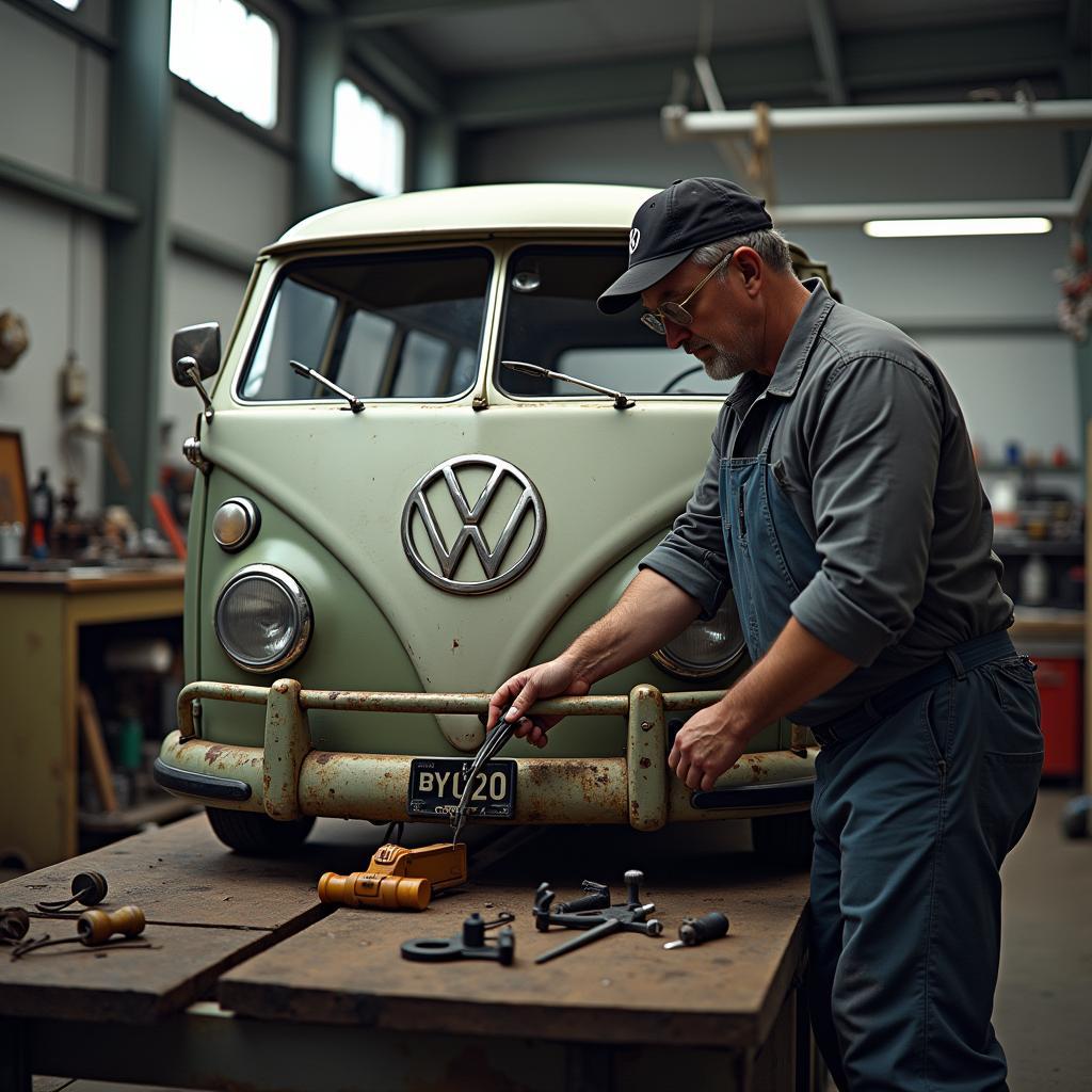 Mechaniker repariert einen VW Bulli in einer Berliner Werkstatt