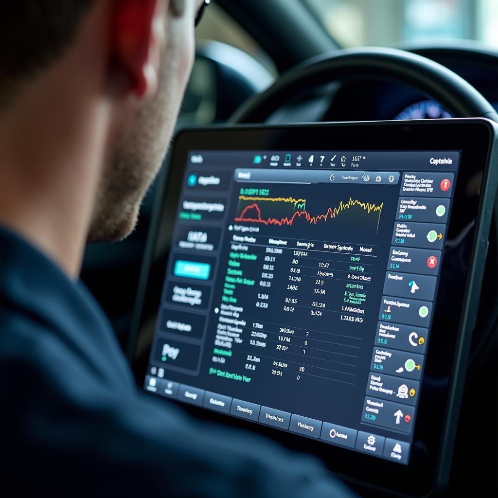 Captavia Fehlercodes Auslesen und Analyse: Ein Kfz-Mechaniker analysiert Fehlercodes und Live-Daten am Captavia Diagnosegerät.