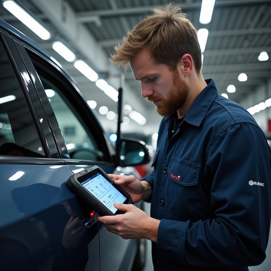 Captavia in der Werkstatt der Zukunft: Ein Kfz-Mechaniker nutzt Captavia für die Fahrzeugdiagnose.