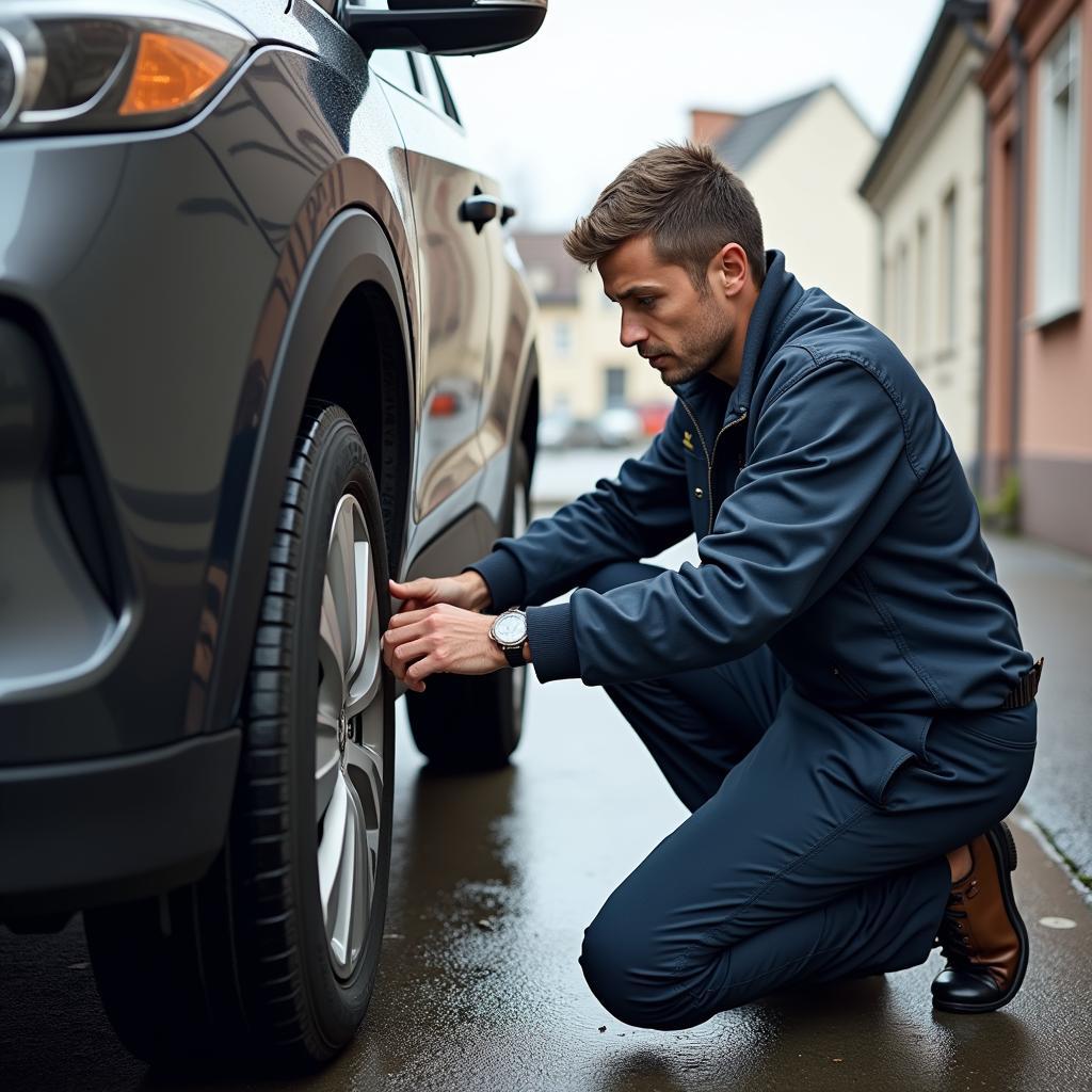 Pannenhilfe bei der Carla Autovermietung: Ein Mitarbeiter hilft einer Kundin bei einem platten Reifen. Die Kundin schaut besorgt zu, während der Mitarbeiter das Reserverad montiert.