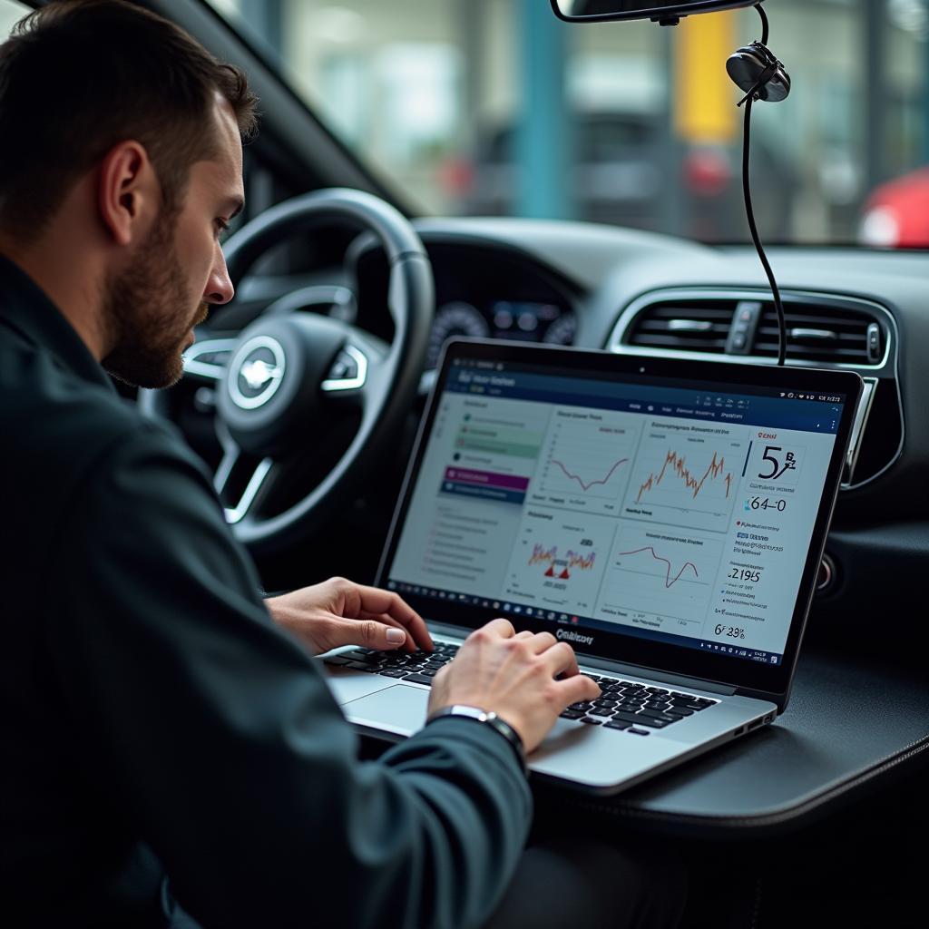Fehlerdiagnose mit Computer: Ein Mechaniker analysiert Fahrzeugdaten auf einem Laptop.