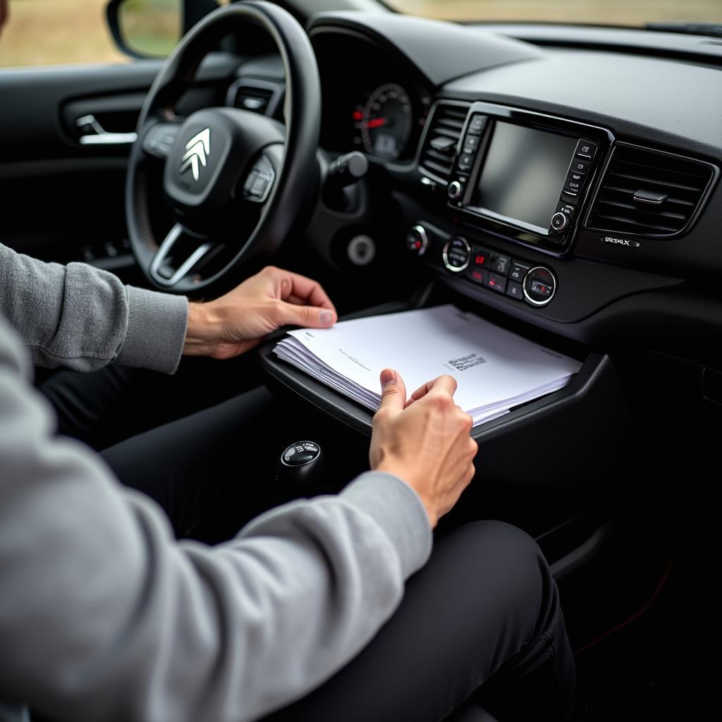 Citroën C4 Bedienungsanleitung im Handschuhfach: Ein Fahrer sucht im Handschuhfach seines Citroën C4 nach der Bedienungsanleitung.