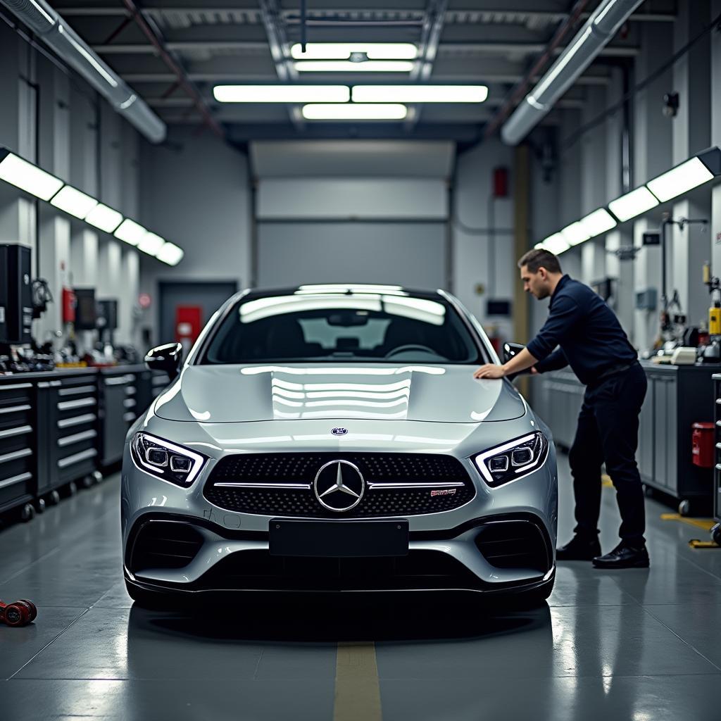 Professionelle Wartung des CLA45 AMG in einer Fachwerkstatt.