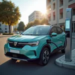 Dacia Spring Electric 2024 lädt an einer öffentlichen Ladestation.