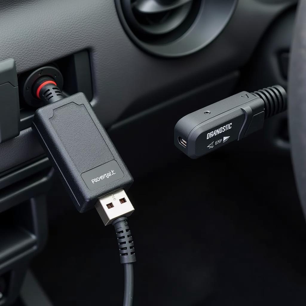 Diagnosegerät angeschlossen am Fahrzeug über USB zur Datenübertragung und Stromversorgung.