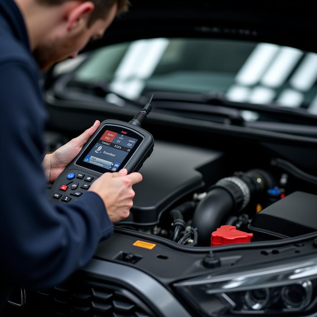 Ferramenta de diagnóstico conectada à porta OBD2 de um carro.