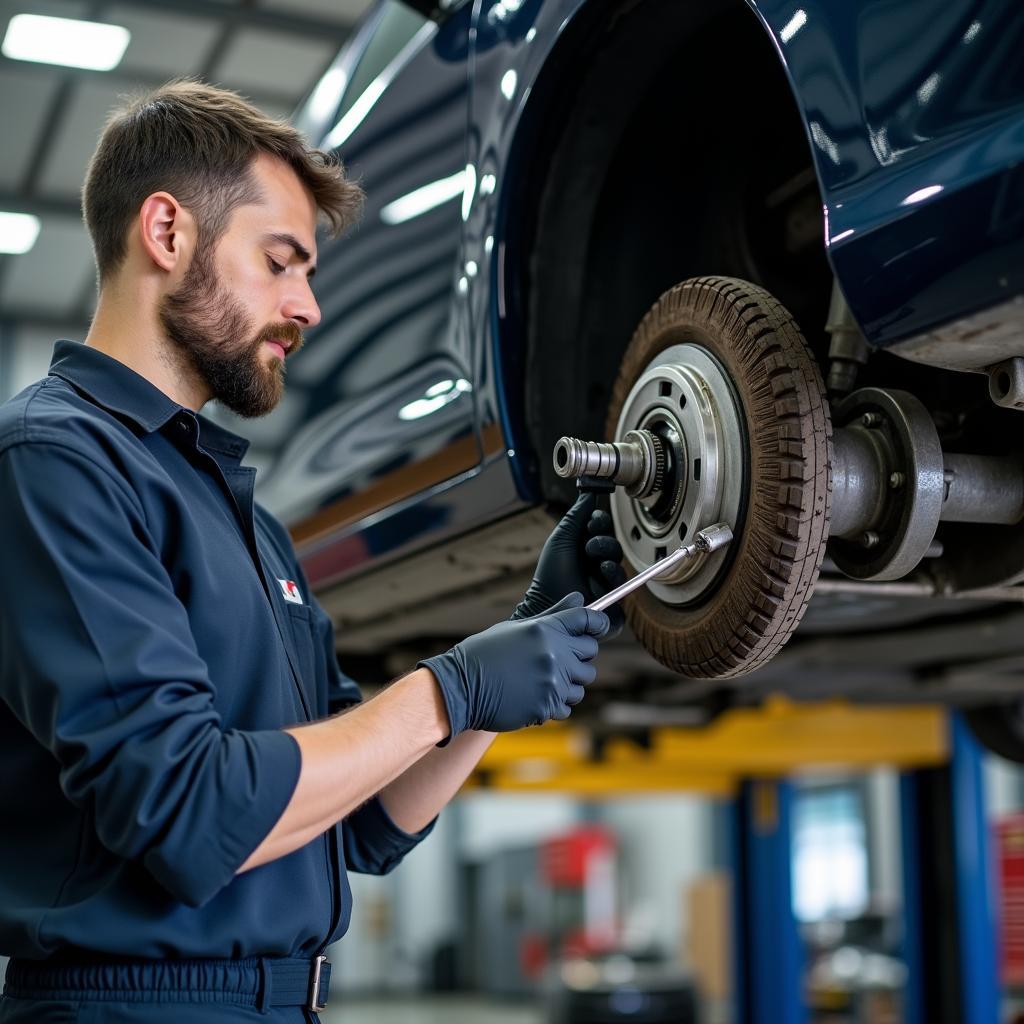 Differentialgetriebe Reparatur in der Werkstatt: Mechaniker untersucht das Differential.