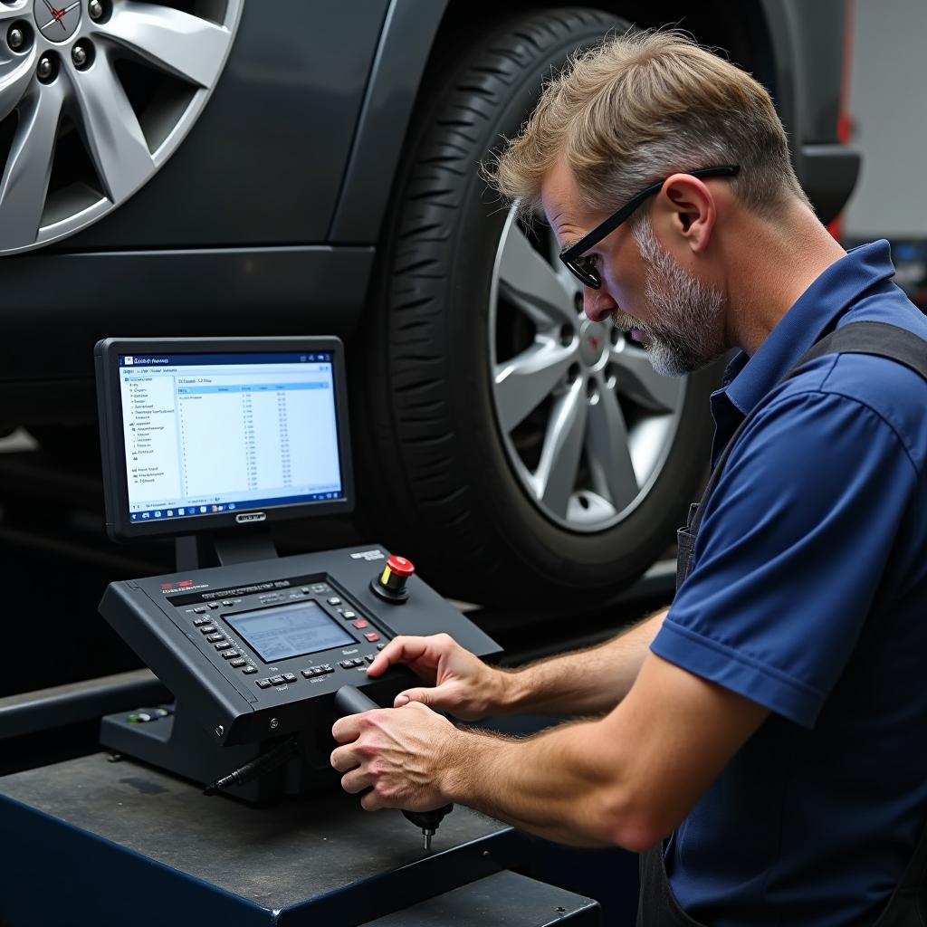 Digitale Wuchtmaschine in Werkstatt misst Unwucht am Rad