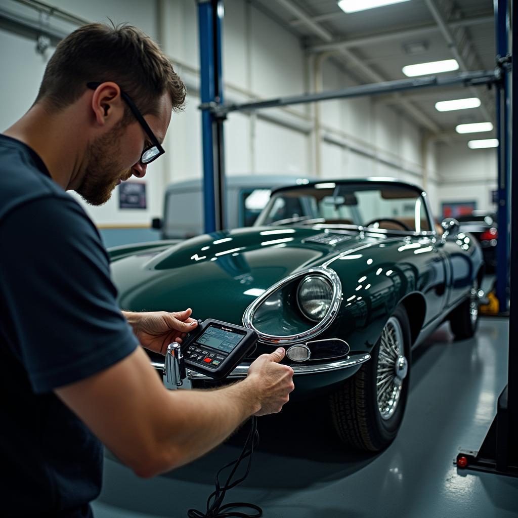 Alat diagnostik modern memudahkan perbaikan Jaguar E-Type.