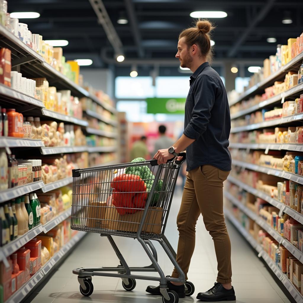 Kunde mit Einkaufswagen im Edeka Trabold