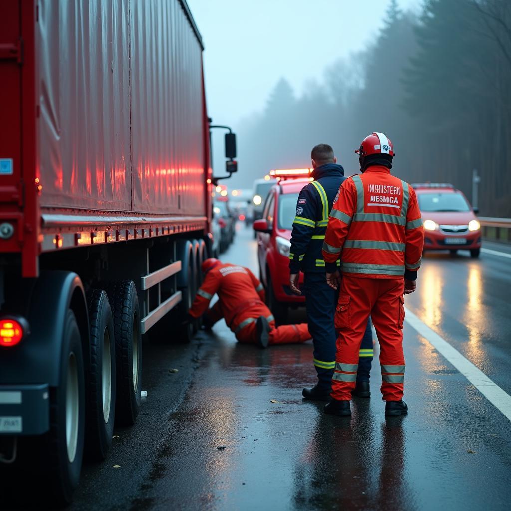 Ersthelfer leisten nach einem Lkw-Unfall auf der A92 medizinische Hilfe.