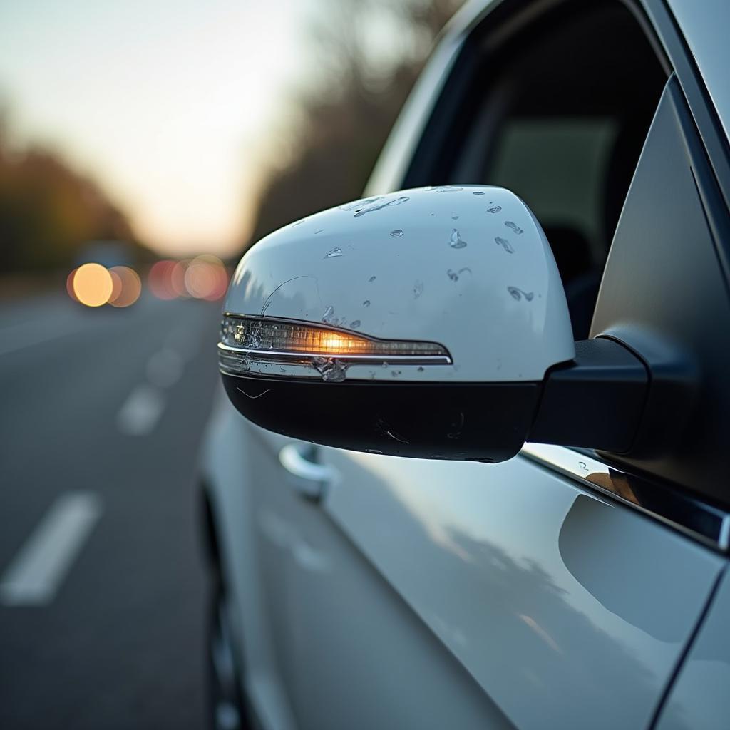 Auto mit abgefahrenem Seitenspiegel nach Unfall. Fahrerflucht, Unfall, Schaden, Polizei, Versicherung.