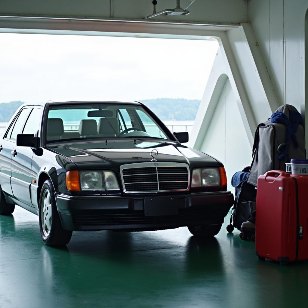 Sicherung des Fahrzeugs an Bord der Fähre Calais-Dover