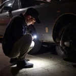 Person untersucht Unterboden eines Fahrzeugs auf Schleppschleifen.