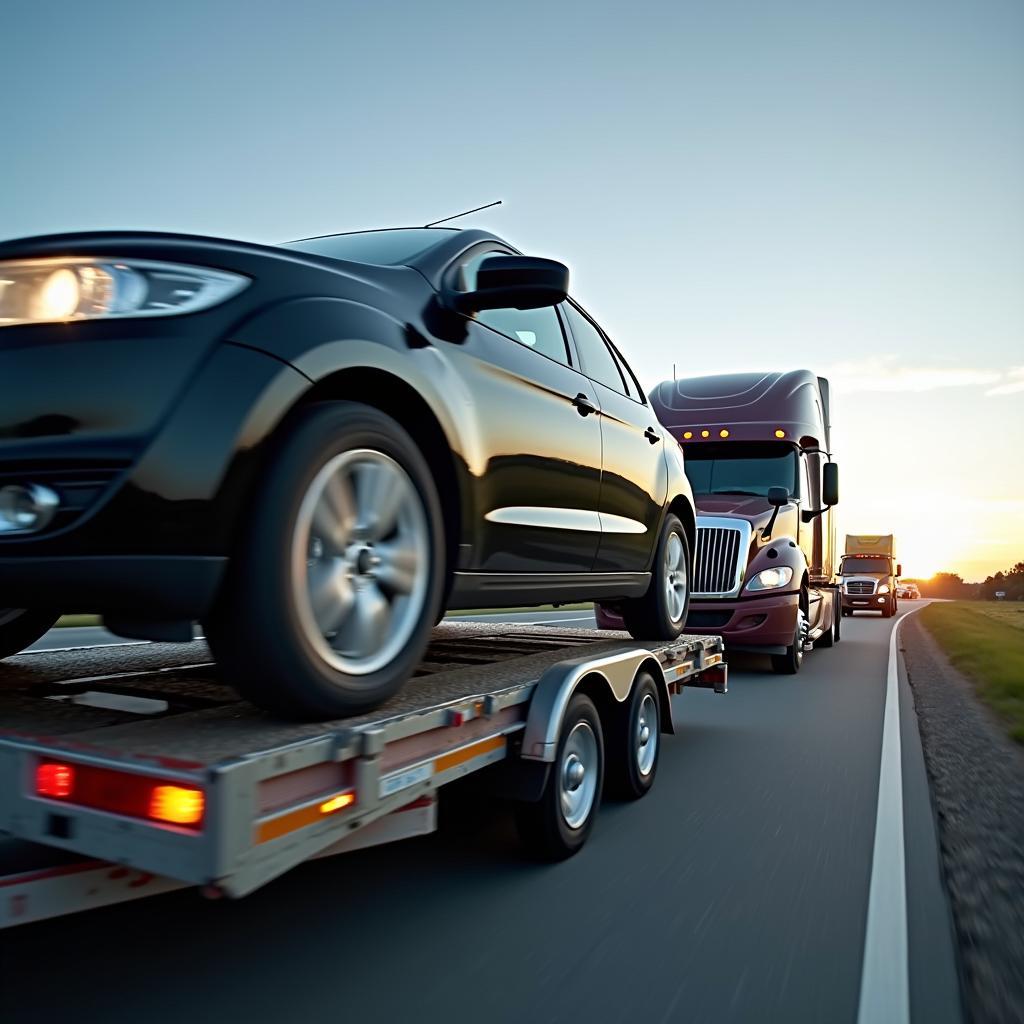 Autotransport als Minijob: Ein Fahrer transportiert ein Fahrzeug auf einem Anhänger.