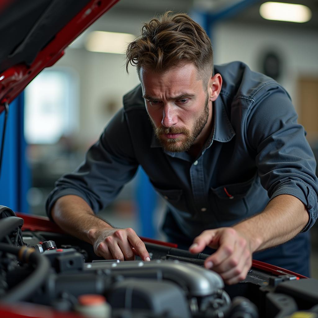 Frustrierter Mechaniker bei der Fehlersuche