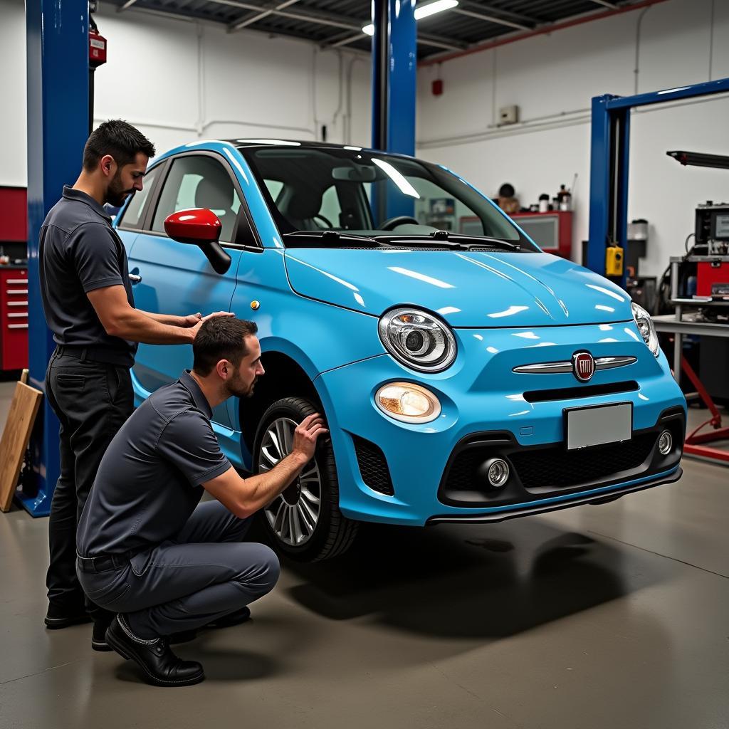 Fiat 500 Blau Cabrio in der Werkstatt zur Wartung