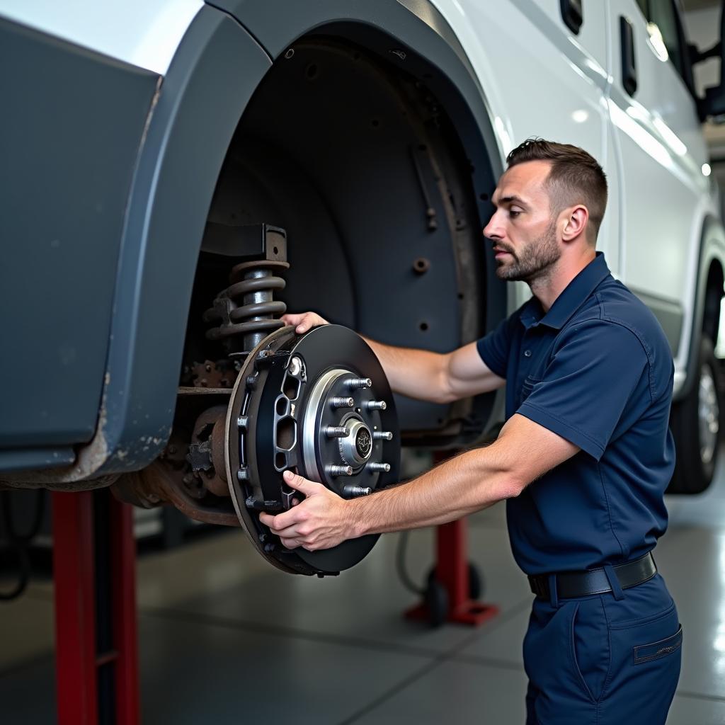 Reparation af Fiat Ducato bremser på værksted.