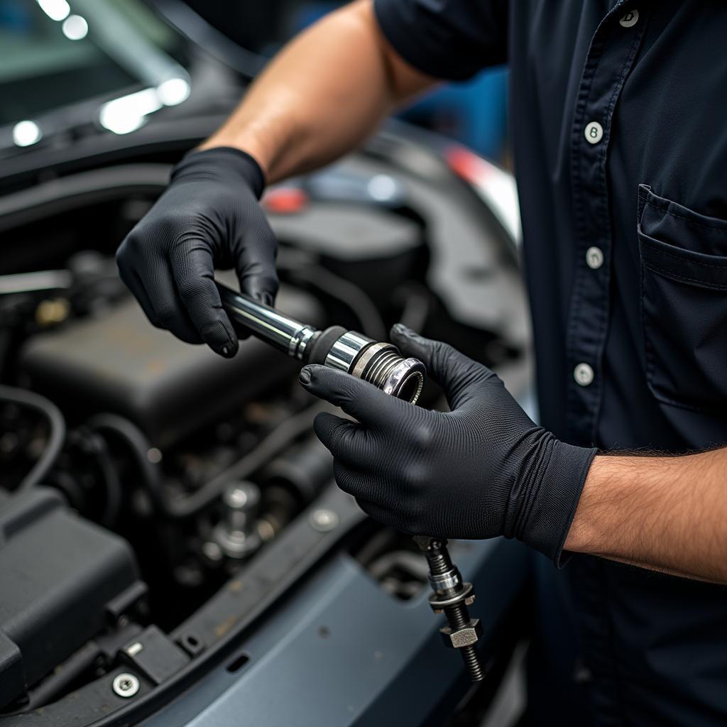 Reparatur der Lenkung am Ford Fiesta Mark 6: Ein Mechaniker arbeitet an der Lenkung eines Ford Fiesta Mark 6.